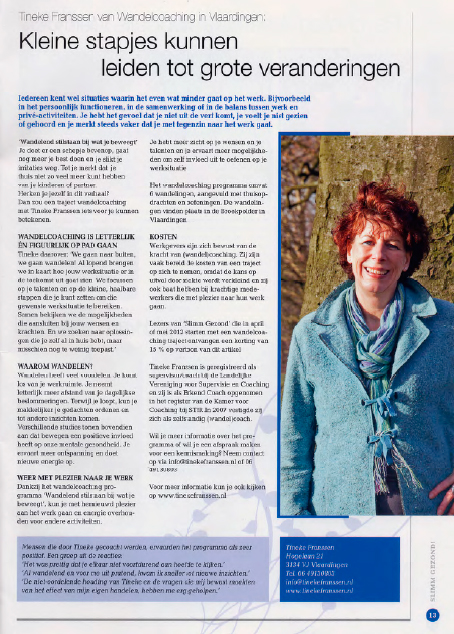 Artikel in Slimm Gezond - Tineke Franssen: "Kleine stapjes kunnen leiden tot grote veranderingen" - voorjaar 2012